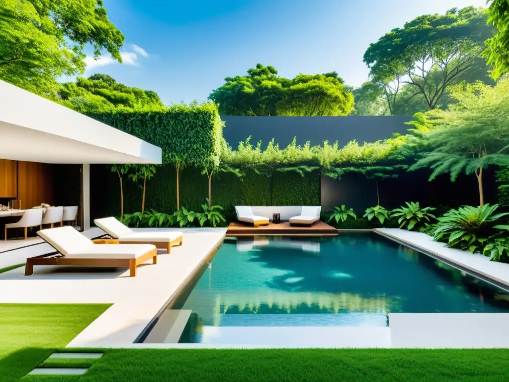 Jardín moderno de lujo con piscina integrada en armonía natural Integración piscinas diseño jardines naturales: lujoso jardín con piscina integrada, mobiliario elegante y exuberante vegetación