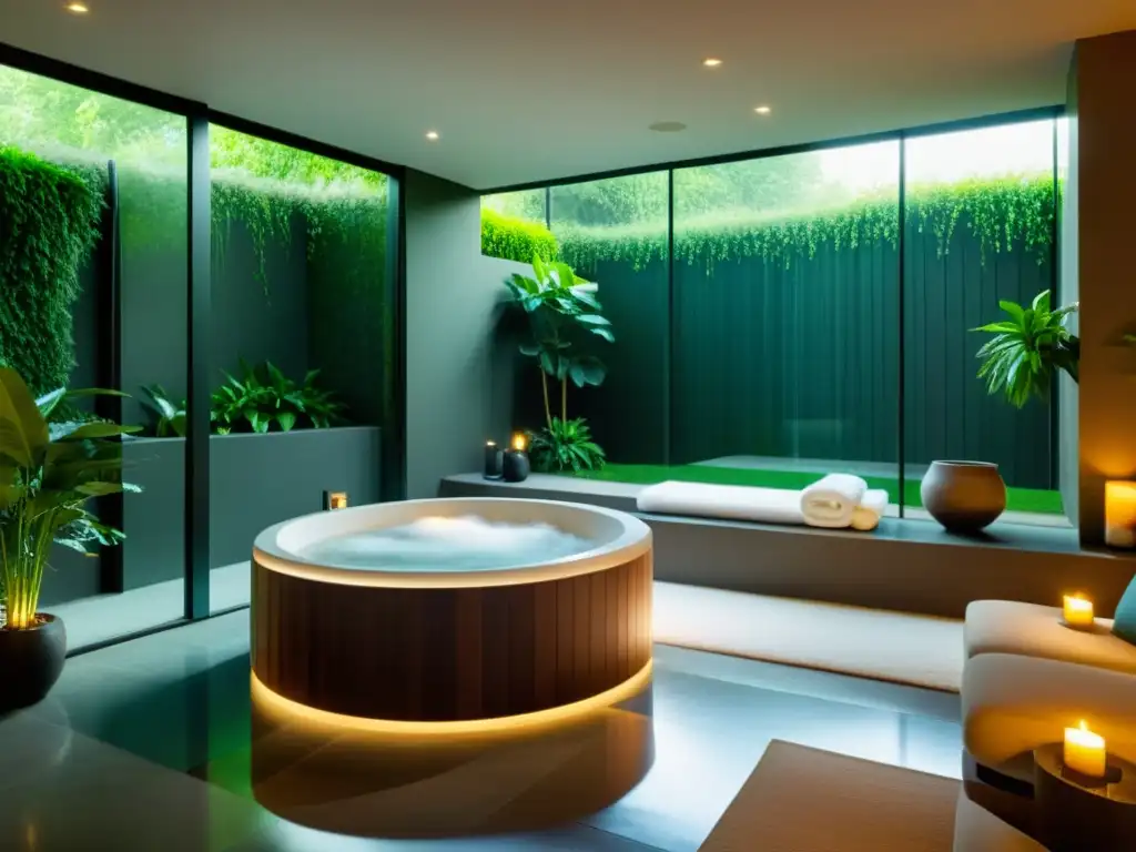 Jacuzzi moderno en casa, con toallas mullidas y luz ambiental