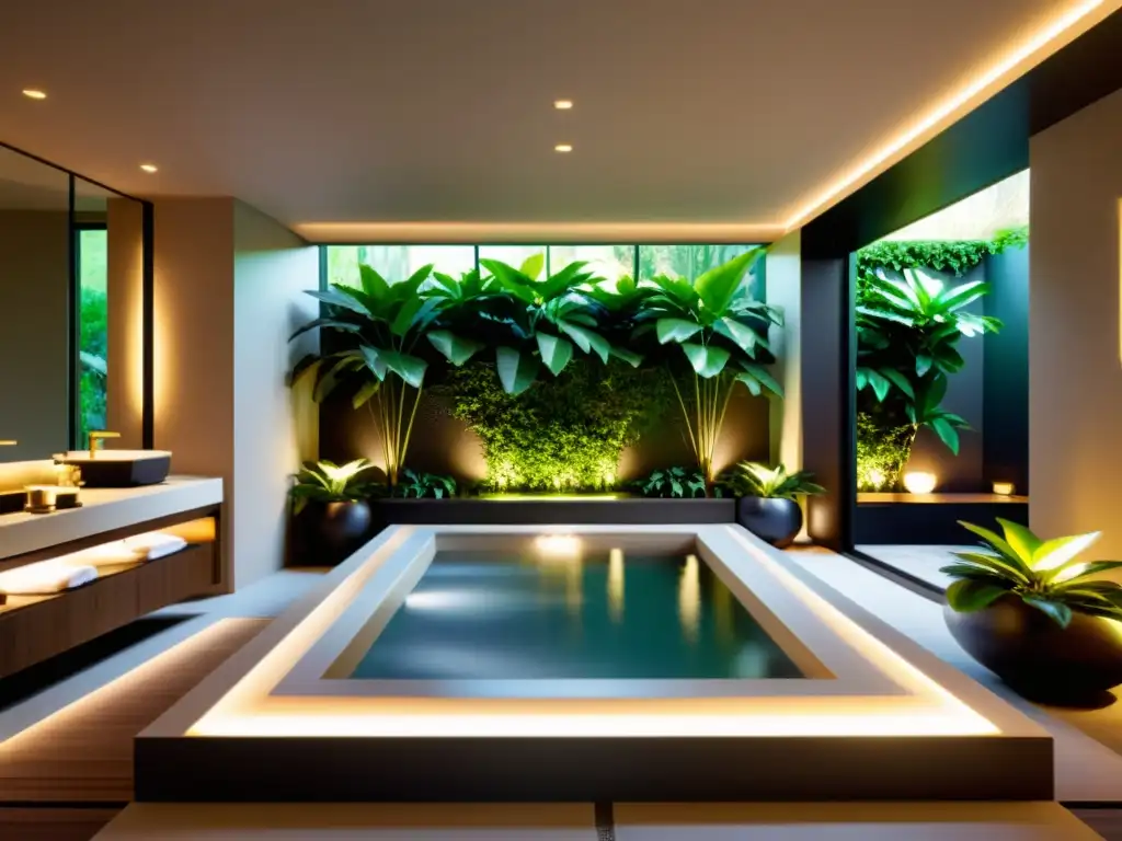 Jacuzzi de lujo en casa con diseño minimalista y ambiente relajante Jacuzzi moderno rodeado de vegetación, iluminación ambiental y diseño minimalista