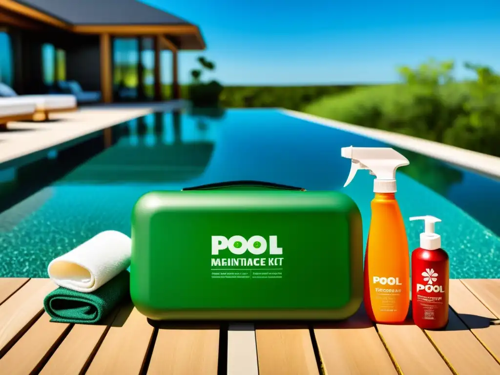 Kit de mantenimiento ecológico para piscina con soluciones naturales y equipo sostenible, en mesa moderna junto a la piscina