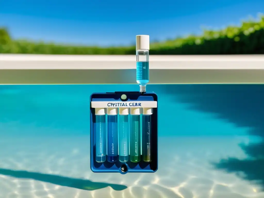 Kit de prueba de agua junto a la piscina Kit de pruebas de agua para piscinas en entorno elegante y reluciente, con vials, tiras de prueba y lector digital
