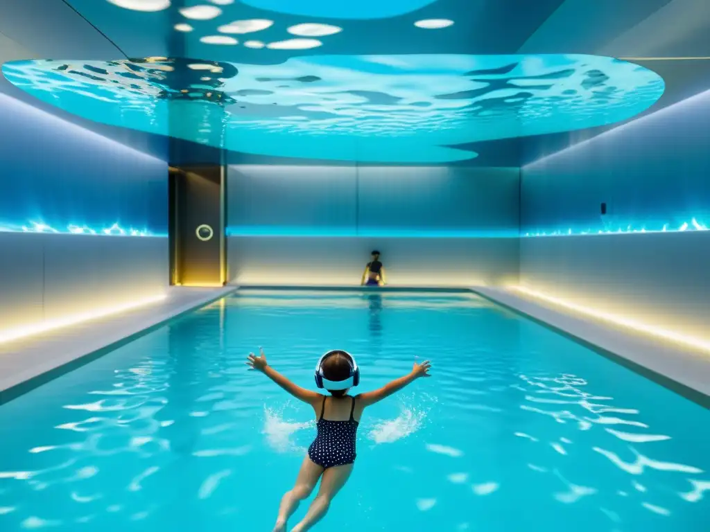 Lecciones de natación con realidad aumentada: Niños disfrutan de un entorno acuático futurista y educativo, con gafas AR y dispositivos de flotación, mientras un instructor guía a través de desafíos virtuales en la piscina cristalina