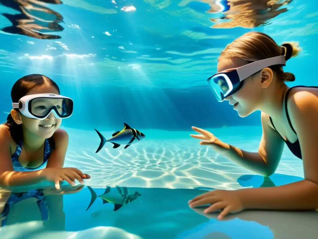 'Lecciones de natación con realidad aumentada: Niños explorando el mundo marino virtual en la piscina con gafas AR, guiados por un instructor