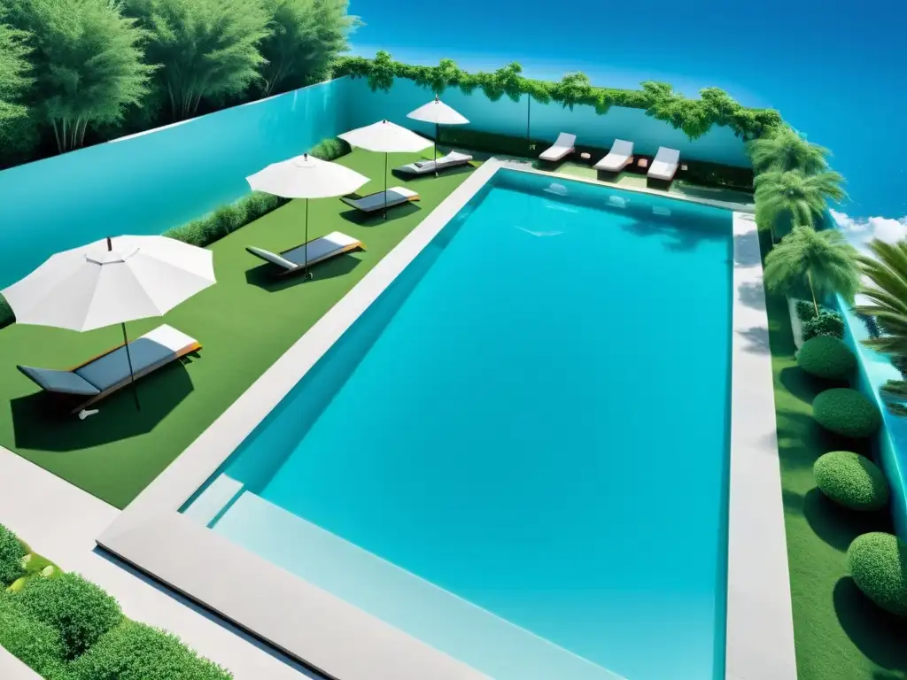 Piscina de lujo con tecnología de realidad aumentada Una lujosa piscina al aire libre con diseño moderno, rodeada de exuberante vegetación y equipada con tecnología de realidad aumentada avanzada