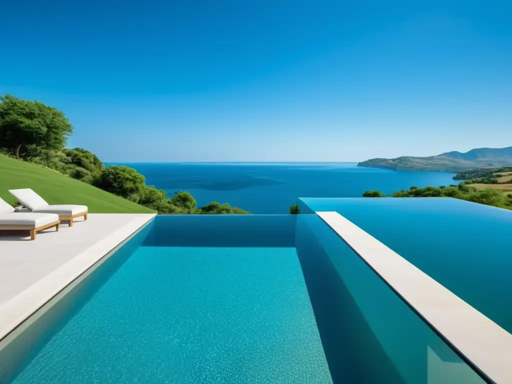 Piscina de borde infinito en paisaje deslumbrante Una lujosa piscina con bordes desbordantes, reflejando el cielo azul y el paisaje circundante, evocando tranquilidad y sofisticación