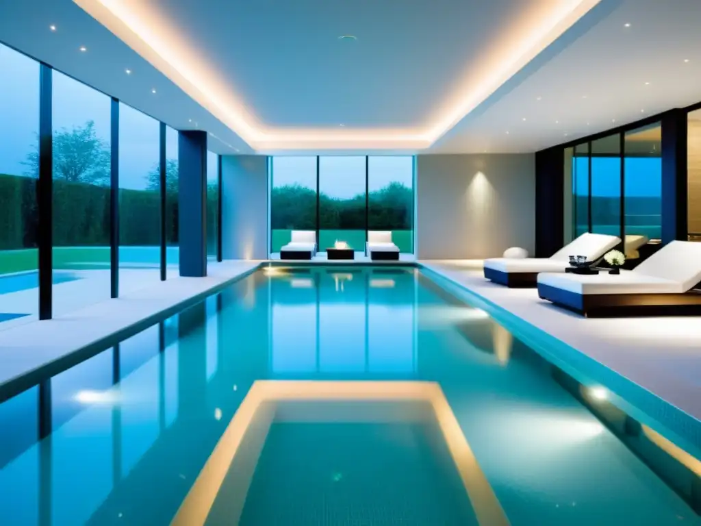 Piscina cubierta climatizada de diseño moderno Una lujosa piscina climatizada cubierta con diseño moderno