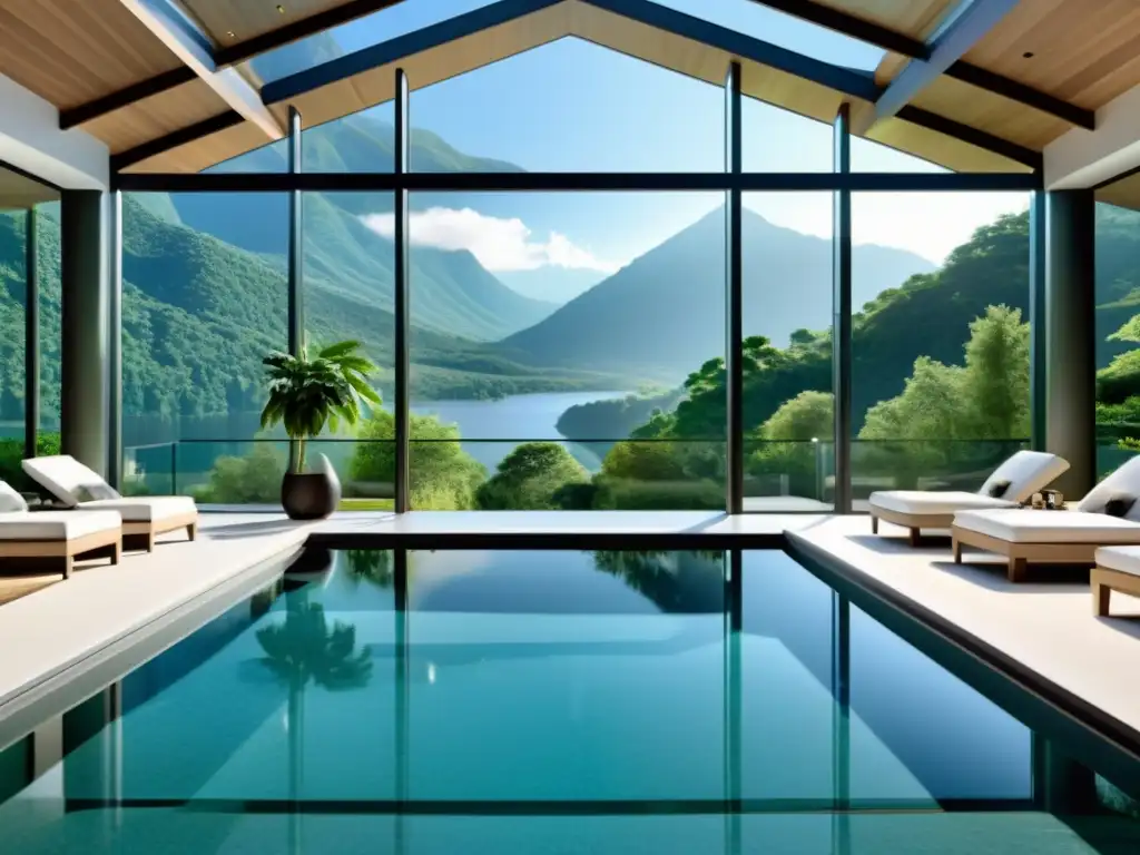 Piscina cubierta de lujo con vistas a la montaña Una lujosa piscina climatizada cubierta con diseño moderno y vistas a la montaña