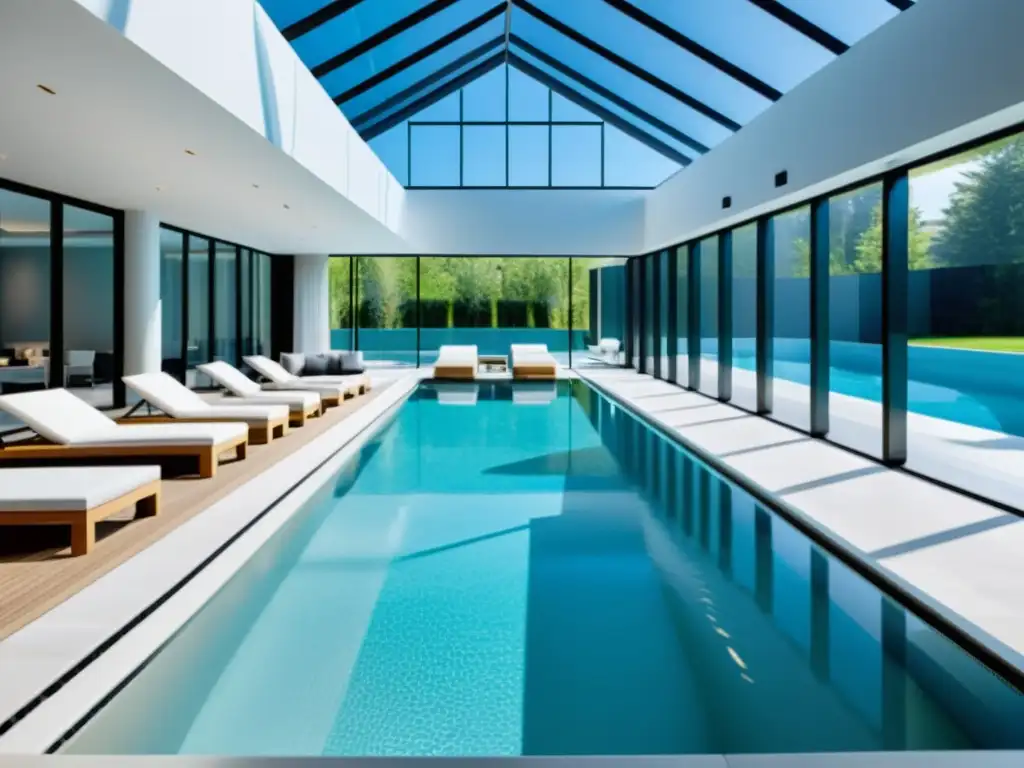 Exclusiva piscina cubierta climatizada de lujo Una lujosa piscina climatizada cubierta, rodeada de arquitectura contemporánea y normativas piscinas climatizadas
