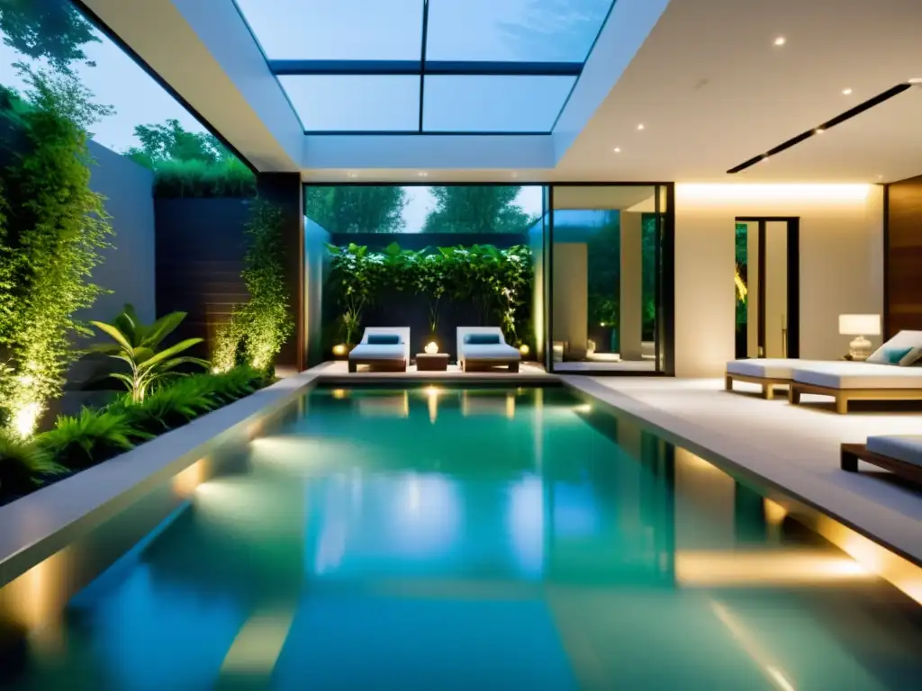 Exclusiva piscina interior moderna con luz natural y elegante diseño Una lujosa piscina climatizada para hogar, rodeada de elegantes tumbonas y exuberante vegetación, bañada por la luz natural