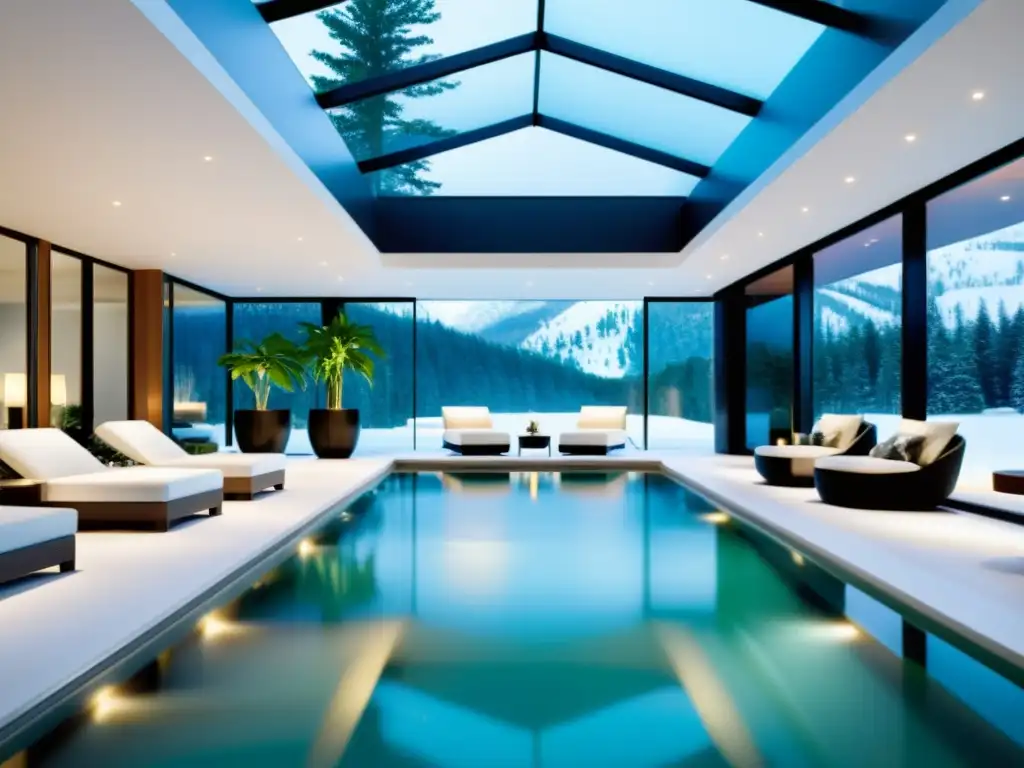 Piscina interior de lujo con vistas panorámicas y diseño contemporáneo Una lujosa piscina cubierta con diseño contemporáneo, rodeada de vegetación exuberante y vistas a un paisaje nevado