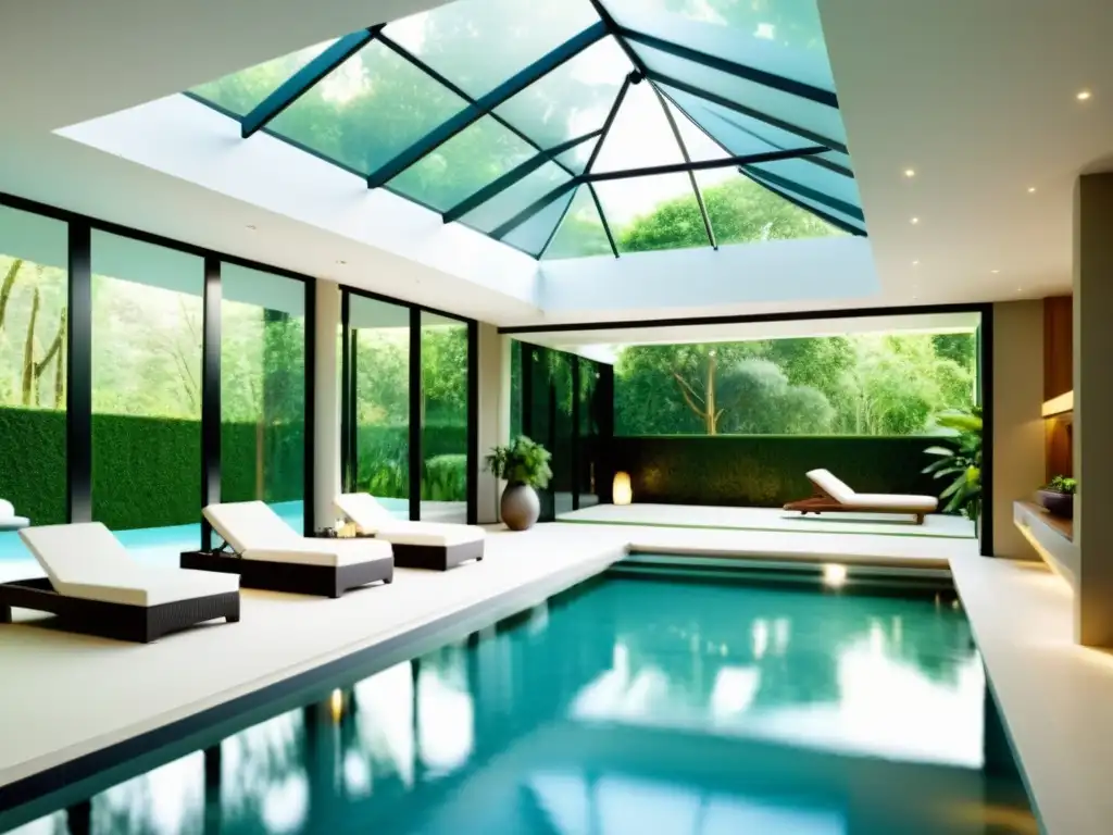 Piscina cubierta moderna con techo de cristal y exuberante vegetación Una lujosa piscina cubierta moderna con opciones de climatización, rodeada de exuberante vegetación, bañada por suave luz natural