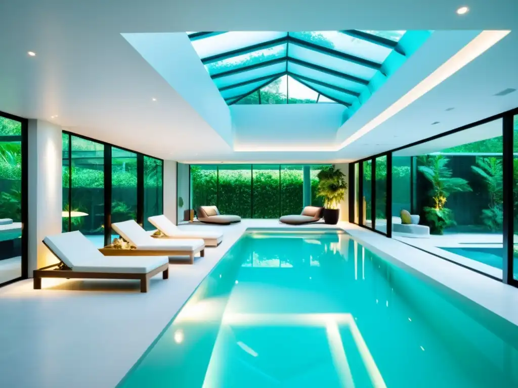 Piscina interior de lujo con techo de cristal y vegetación exuberante Una lujosa piscina cubierta con techo de cristal, rodeada de vegetación exuberante y modernos sillones