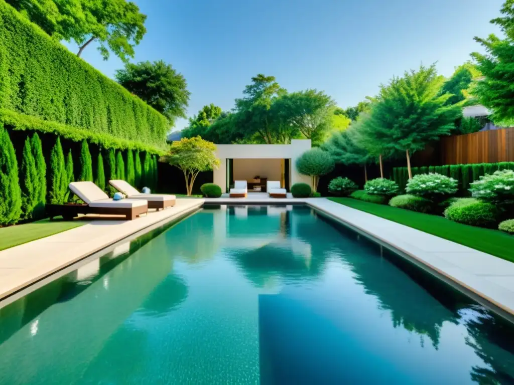 Oasis de lujo: piscina cristalina en jardín exuberante Una lujosa piscina en un hermoso jardín, evocando la tranquilidad y la consolidación de deudas con piscina
