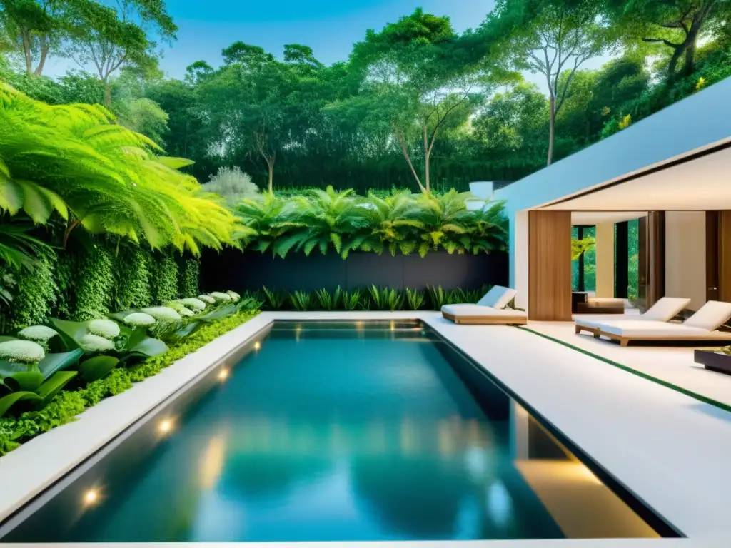 Piscina de lujo con tecnología inteligente y arquitectura moderna Una lujosa piscina con tecnología Smart Home integrada, rodeada de moderna arquitectura y exuberante vegetación