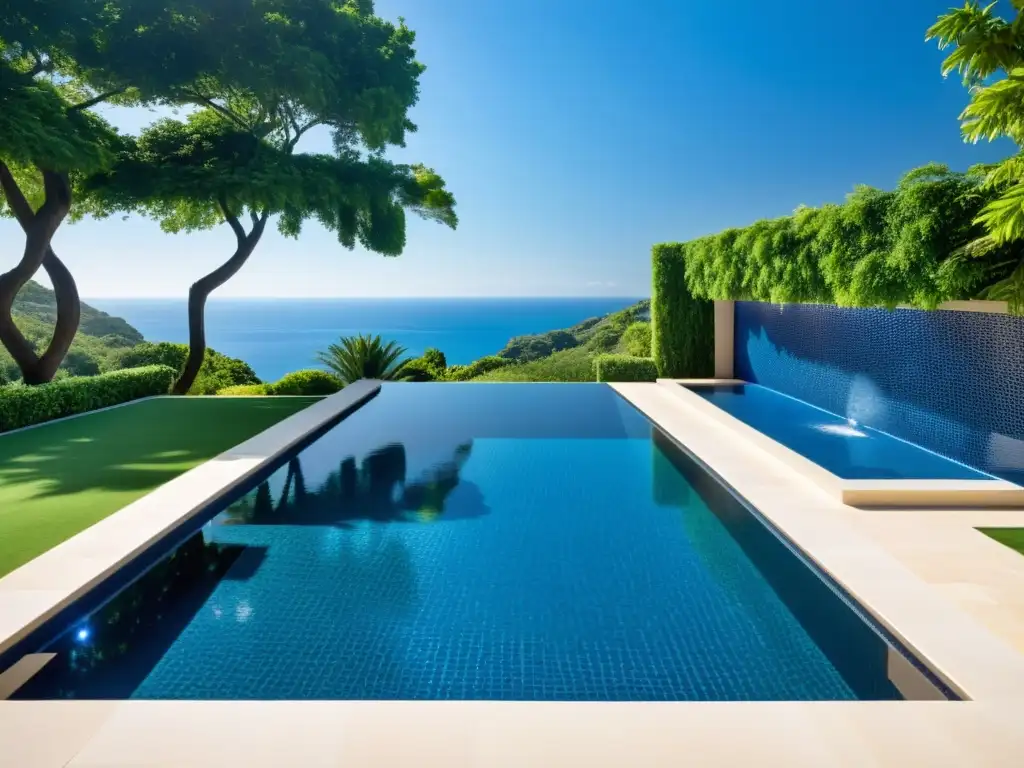Espectacular piscina infinita moderna en medio de la naturaleza exuberante Una lujosa piscina moderna con borde infinito rodeada de exuberante vegetación y elegante mobiliario exterior