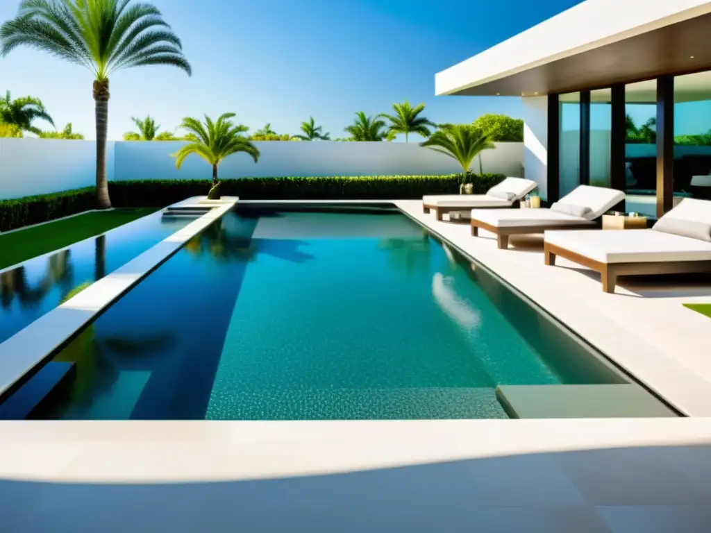 Una lujosa piscina moderna, con diseño elegante y paisajismo refinado