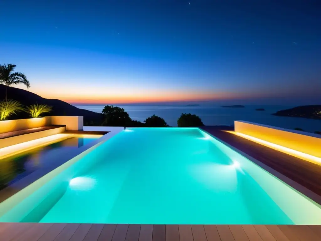 Piscina de lujo con luces LED nocturnas Una lujosa piscina moderna iluminada con luces LED de colores, creando un ambiente vibrante y sereno