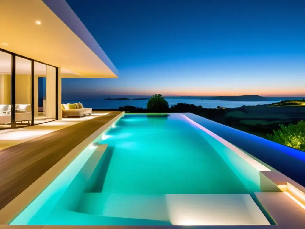 Piscina de lujo iluminada con LED multicolor Una lujosa piscina moderna de noche con luces LED multicolores iluminando el agua desde el suelo de la piscina y el paisaje circundante