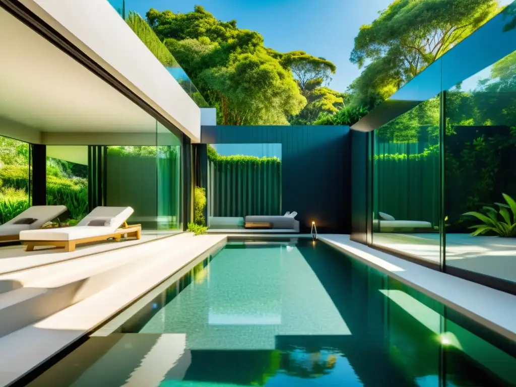 Piscina de lujo con paredes transparentes y agua cristalina Una lujosa piscina moderna con paredes de vidrio, agua cristalina y exuberante vegetación, creando una atmósfera de lujo y relajación
