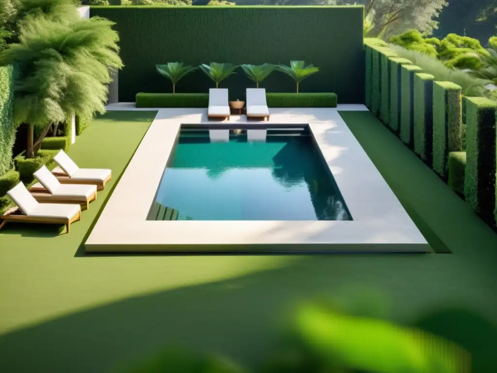 Piscina de lujo con diseño moderno y elegante Una lujosa piscina moderna rodeada de exuberante vegetación y elegante mobiliario exterior, evitando errores comunes en el diseño de piscinas