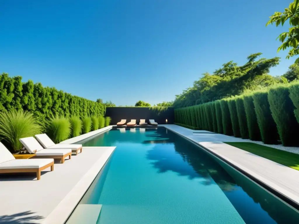 Piscina de lujo: oasis moderno y sereno Una lujosa piscina moderna rodeada de exuberante vegetación, creando un oasis tranquilo
