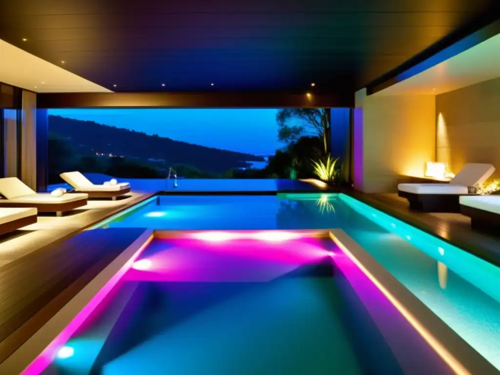 Esplendor nocturno: piscina de spa con luces LED subacuáticas Una lujosa piscina de spa iluminada con luces LED subacuáticas, creando un ambiente tranquilo y sofisticado