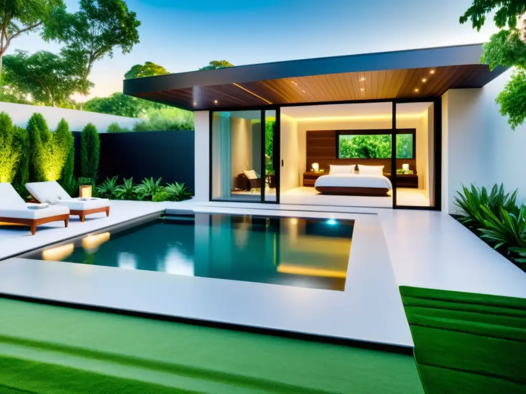 Piscina terapéutica de lujo con diseño moderno y relajante Una lujosa piscina terapéutica en casa con diseño moderno, jets de hidroterapia, iluminación LED y entorno exuberante