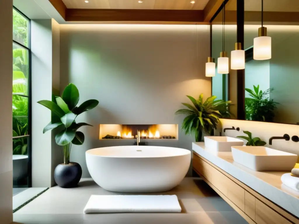 Un lujoso baño spa moderno con elementos naturales y diseño minimalista, creando un ambiente sereno