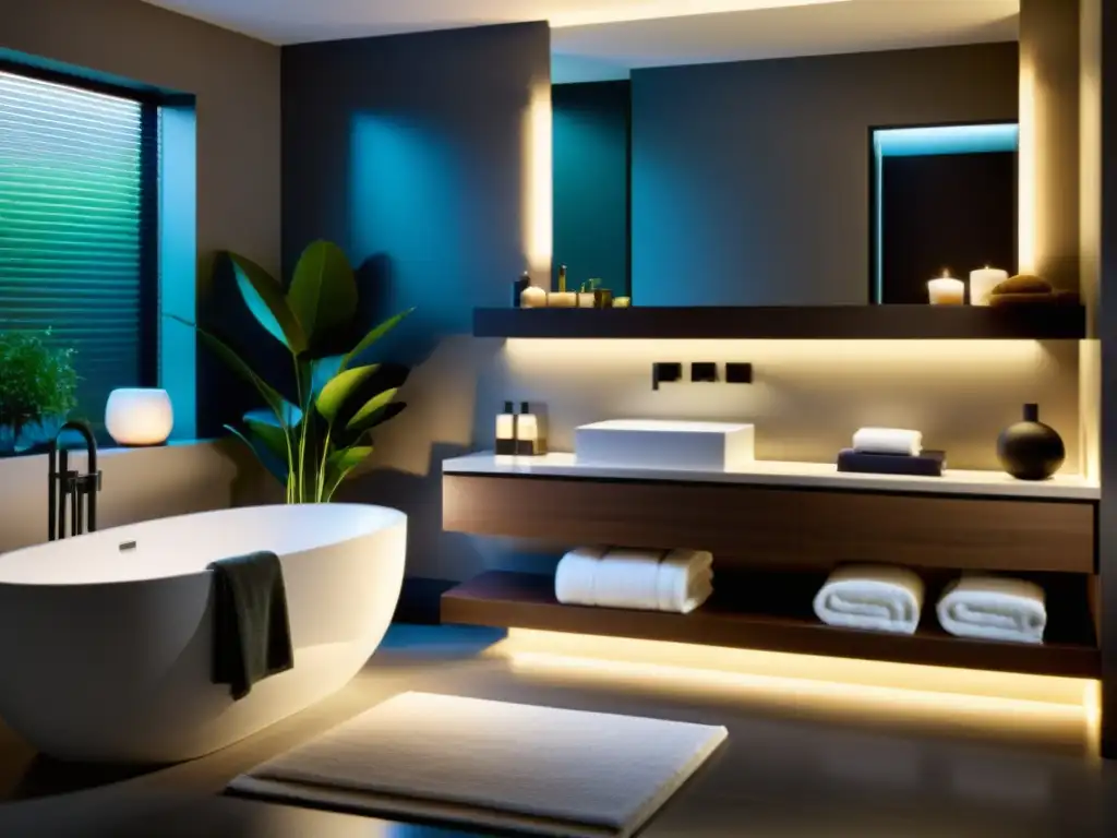 Baño moderno de lujo con bañera profunda y ambiente relajante Un lujoso baño moderno con iluminación suave y productos de lujo, ideal para disfrutar de beneficios baños terapéuticos circulación