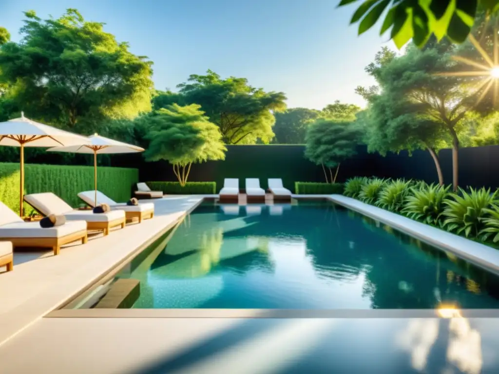 Oasis de lujo: Piscina y spa al aire libre Un lujoso espacio de piscina al aire libre rodeado de exuberante vegetación y mobiliario contemporáneo