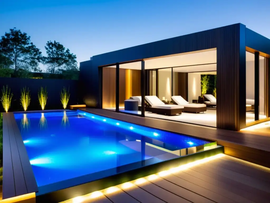 Un lujoso espacio de spa y piscina con materiales innovadores, iluminación LED personalizable y diseño minimalista para relajación