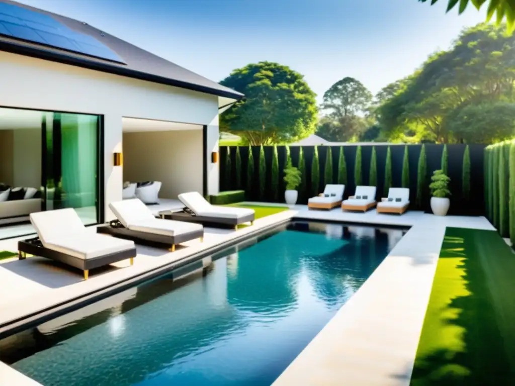 Exclusivo oasis contemporáneo con piscina rectangular y sofisticado diseño Un lujoso patio moderno con una piscina rectangular como punto focal, rodeada de elegantes sillas de descanso y exuberante paisajismo