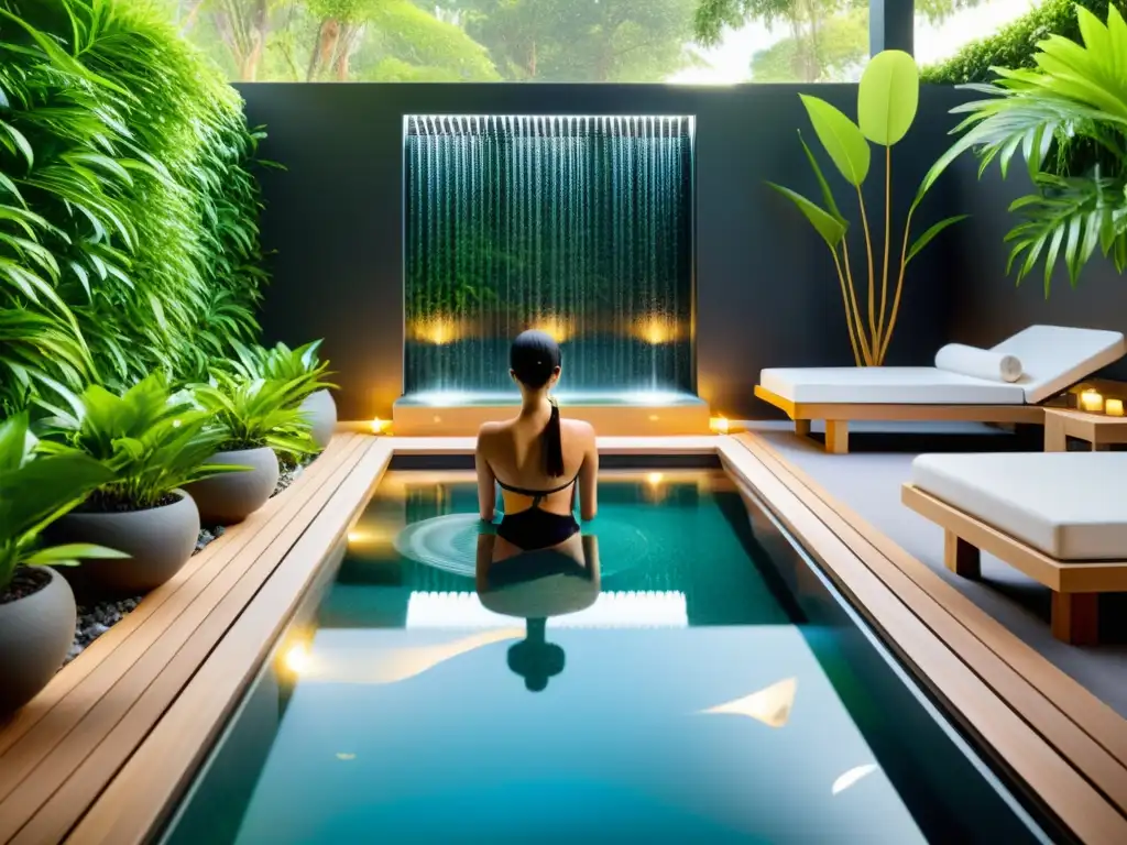 Un lujoso spa con agua cristalina y diseño moderno rodeado de vegetación exuberante