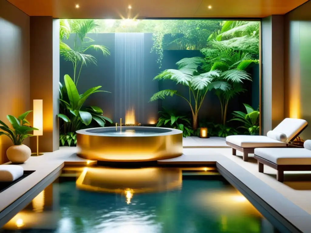 Un lujoso spa con agua cristalina rodeado de exuberante vegetación y bañado por la luz dorada del sol