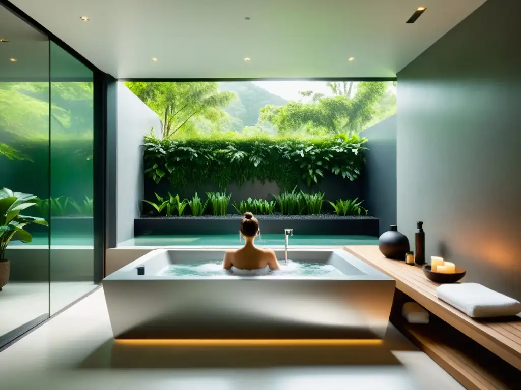 Retiro de bienestar en casa: serenidad en un spa moderno Un lujoso spa en casa con beneficios hidroterapia en spa, bañado por luz natural y rodeado de exuberante vegetación