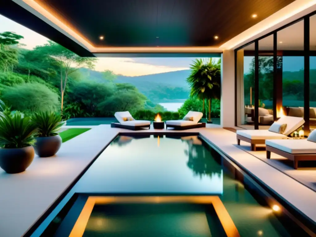 Spa de lujo con piscina infinita rodeada de naturaleza Un lujoso spa para hogar con piscina infinita rodeada de exuberante vegetación, diseño minimalista y vistas impresionantes