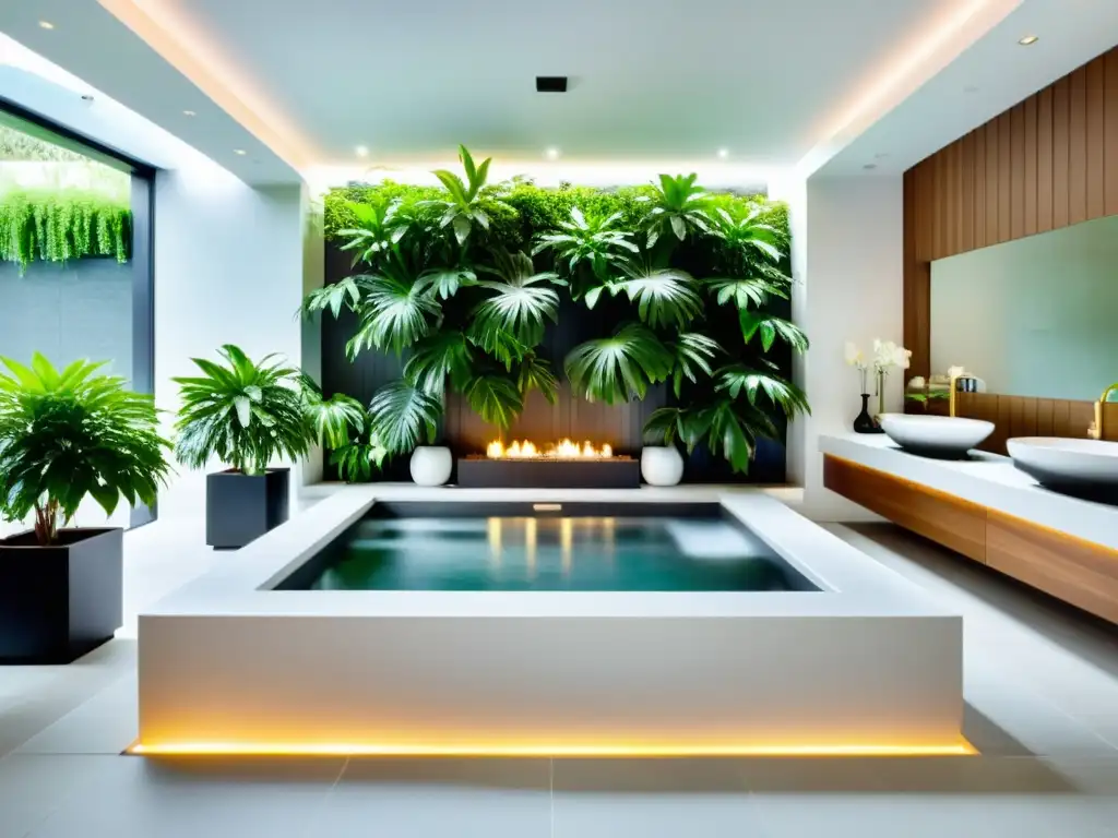 Un lujoso spa con jacuzzi impecable rodeado de azulejos blancos y plantas verdes, creando un ambiente relajante y sofisticado