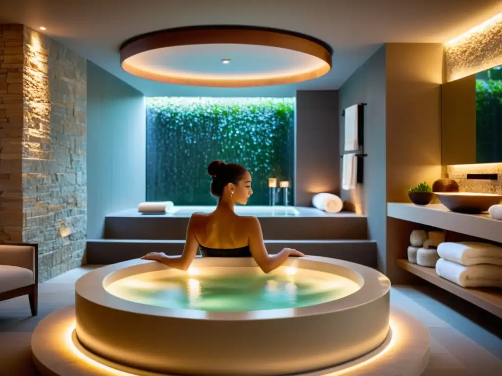 Spa de lujo con bañera circular de hidroterapia y masaje relajante Un lujoso spa moderno con bañera de hidroterapia circular rodeada de elegantes azulejos de piedra