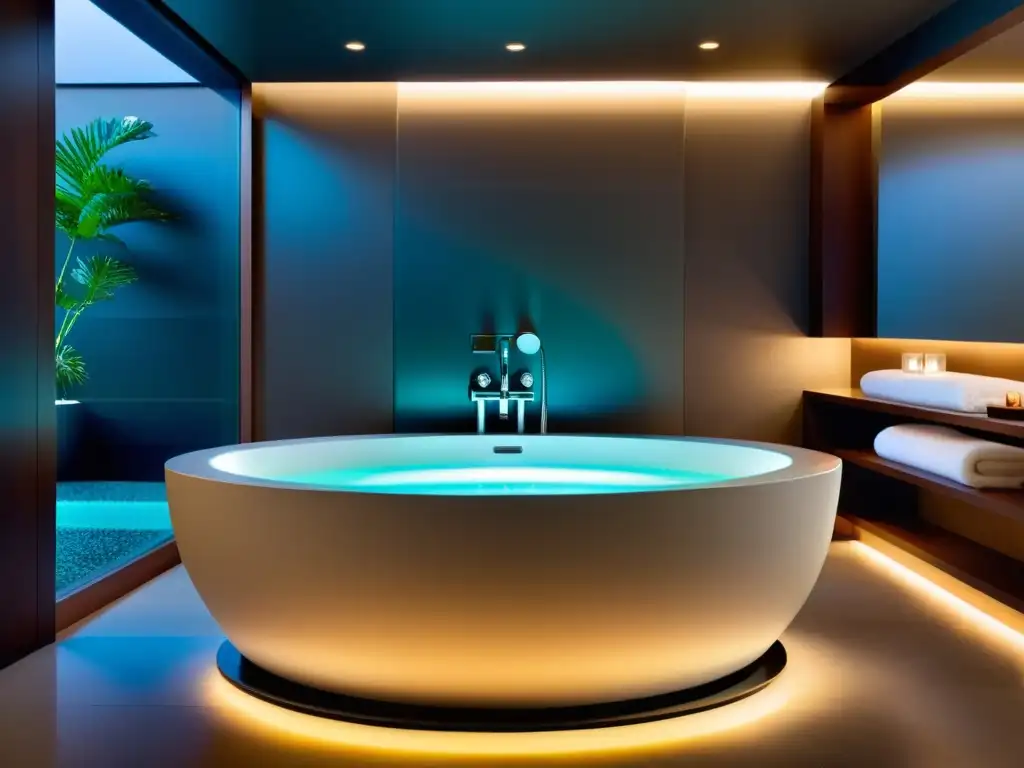 Spa de lujo con moderna bañera de hidroterapia Un lujoso spa moderno con bañera hidroterapéutica destacada, iluminación ambiental suave y atmósfera relajante