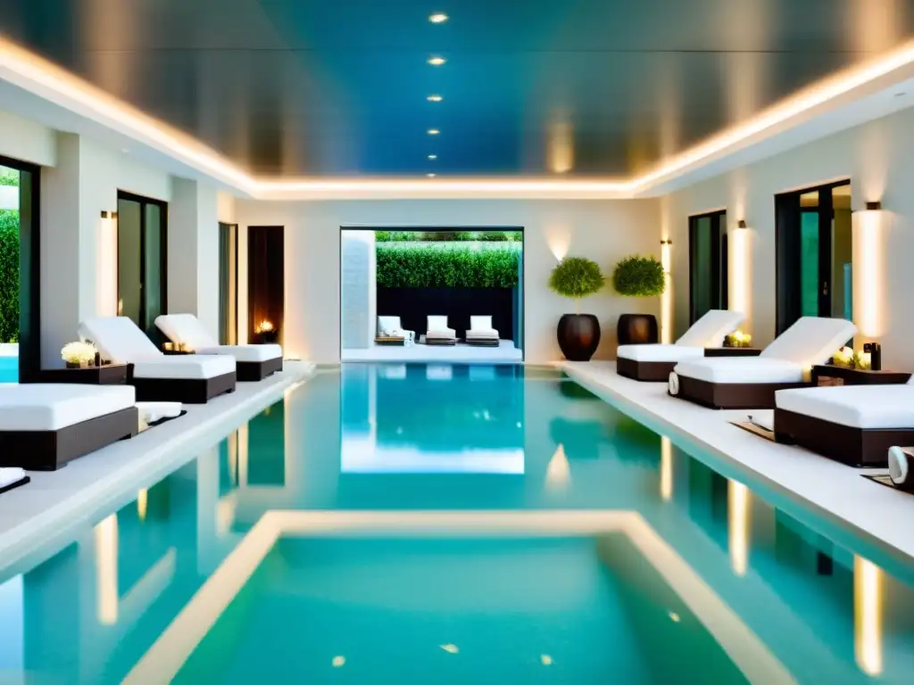 Un lujoso spa moderno con una piscina interior serena rodeada de elegantes azulejos de mármol y toallas blancas apiladas