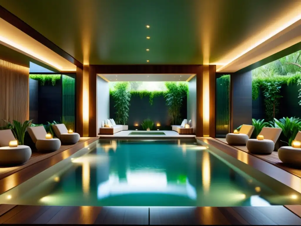 Exquisita hidroterapia en moderno spa Un lujoso spa moderno con piscinas de hidroterapia rodeadas de exuberante vegetación, iluminadas elegantemente
