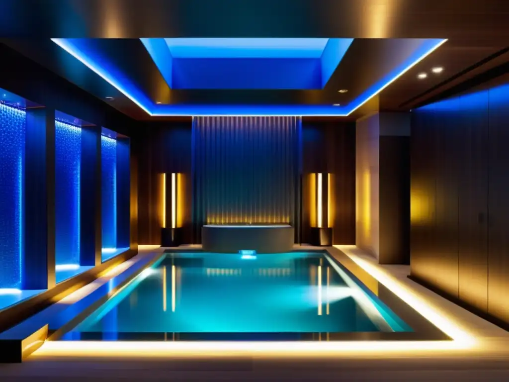 Spa moderno con sistema de purificación UV Un lujoso spa moderno con sistema de purificación UV, evocando limpieza, relajación y los beneficios de la purificación ultravioleta