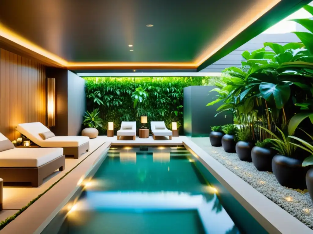 Spa moderno con sistema de purificación de agua UVC para relajación total Un lujoso spa moderno con tecnología UVC para mejorar calidad agua