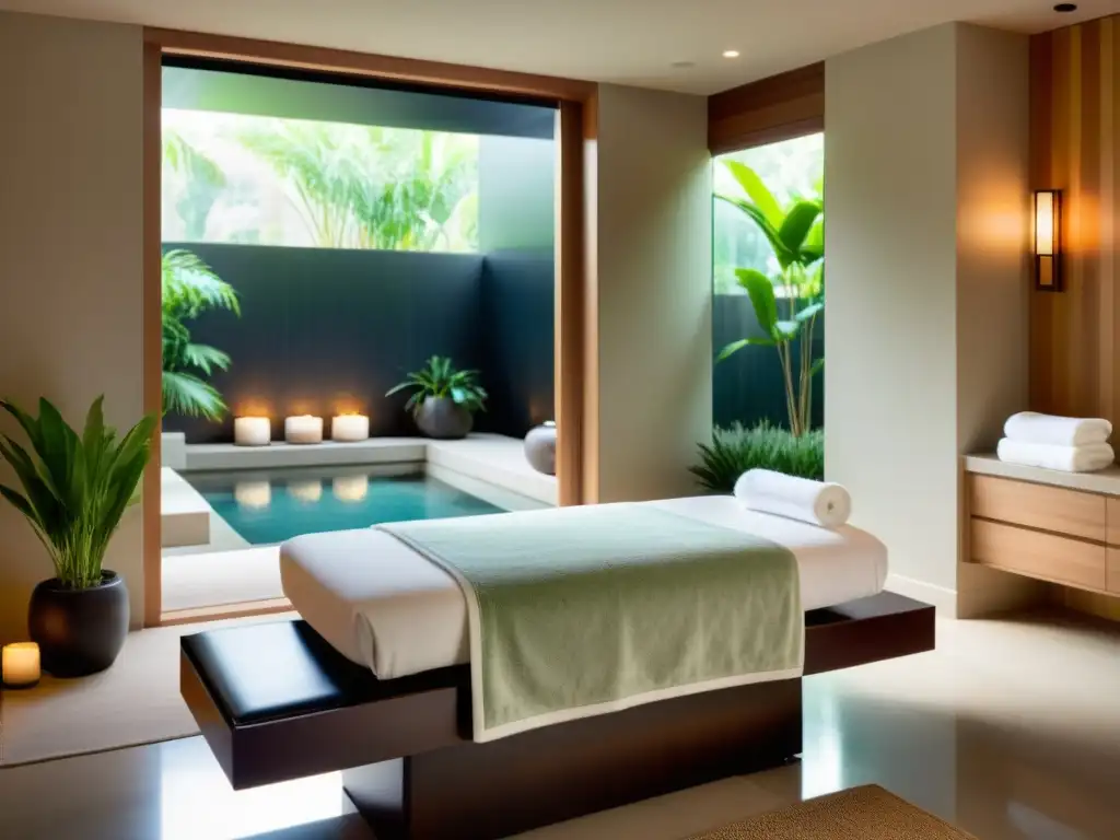 Spa de lujo con masaje relajante y aromaterapia en Oasis del Hogar Un lujoso spa moderno con toallas mullidas, aceites esenciales y una ventana al jardín