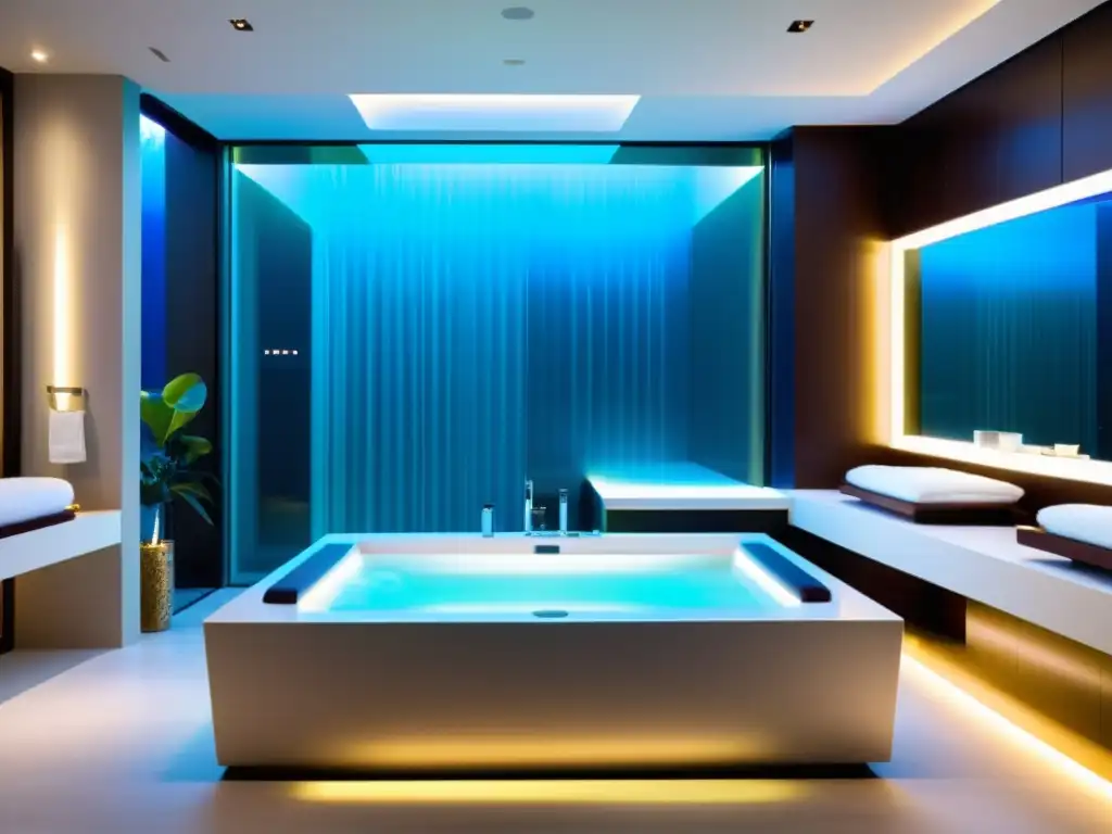 Spa de hidroterapia ultramoderno en casa Un lujoso spa ultramoderno en casa para hidroterapia, con diseño minimalista y una gran bañera de acrílico rodeada de luces LED ambientales