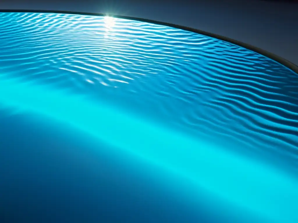 Desinfección con luz UV para piscinas: Imagen detallada de luz UV sumergida en una piscina clara, creando un ambiente futurista y relajante con su resplandor azul hipnótico