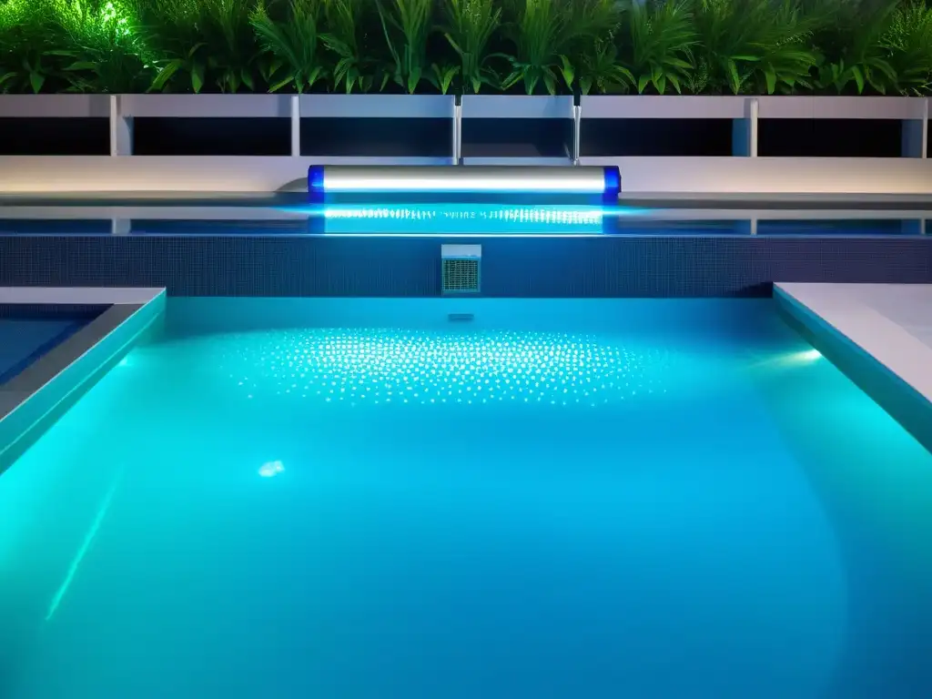 Desinfección con luz UV para piscinas: Sistema de luz UV instalado en piscina cristalina, neutralizando algas y bacterias con resplandor azul vibrante
