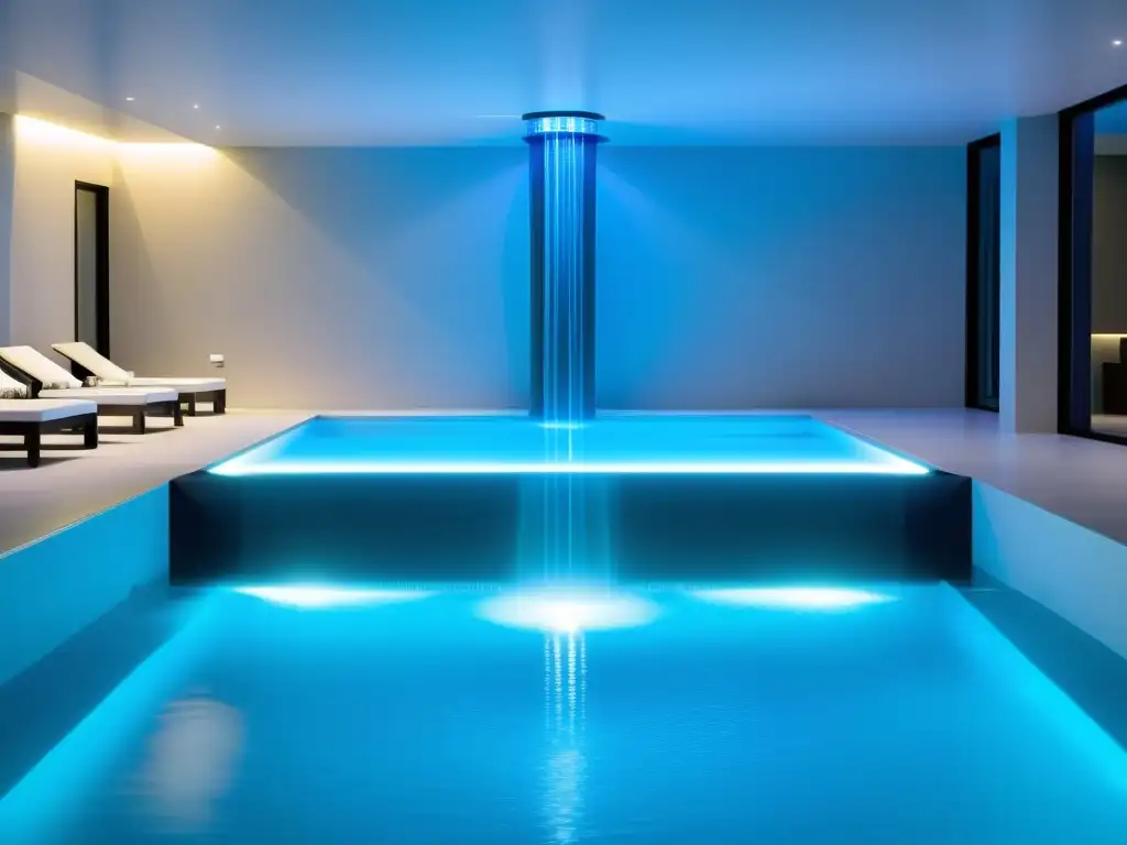 Desinfección con luz UV para piscinas: Sistema moderno de esterilización de agua UV en una piscina cristalina, rodeada de lujo y relajación