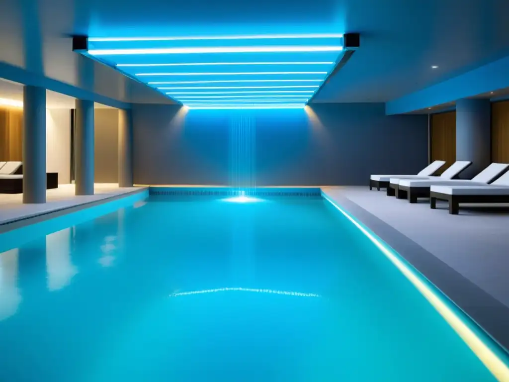 Desinfección con luz UV para piscinas: Sistema moderno de desinfección con luz UV en una piscina, con luces azules vibrantes que purifican el agua