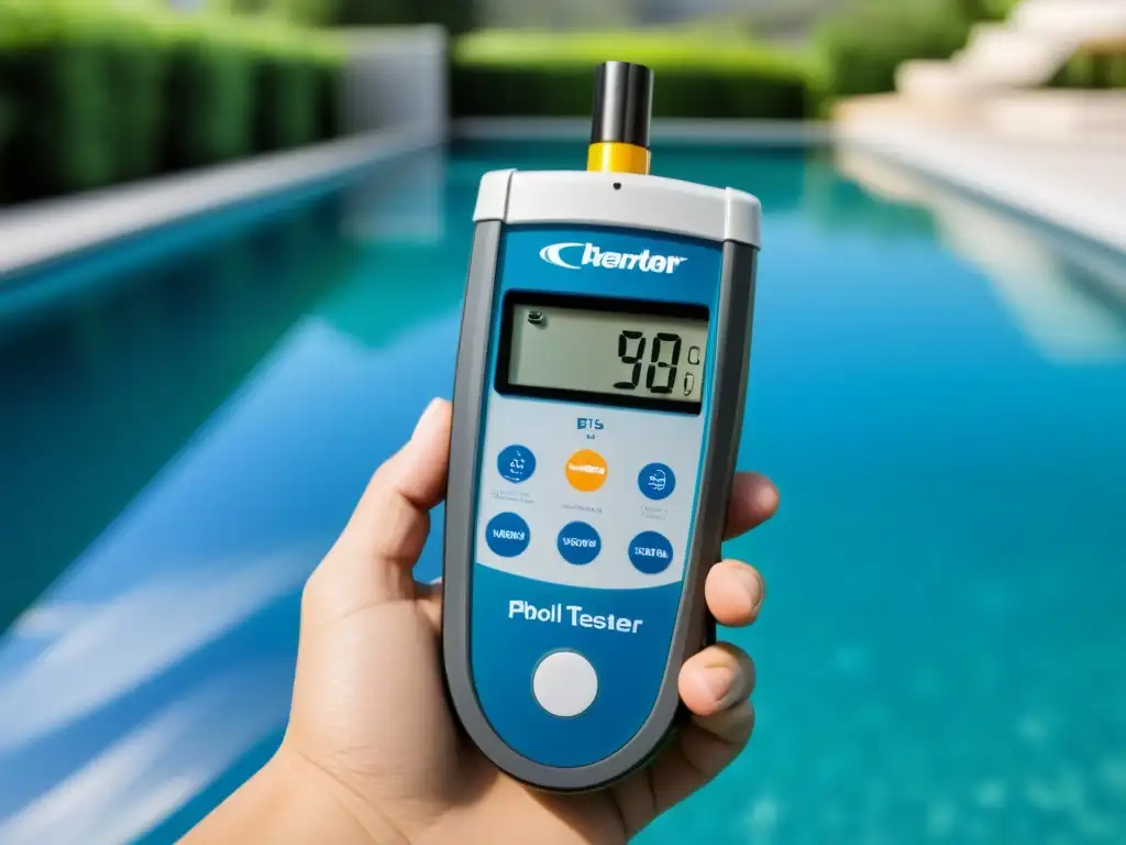 Medidor digital de pH y cloro: precisión en piscinas Mano ajusta con precisión tester de agua para piscinas, con piscina cristalina al fondo